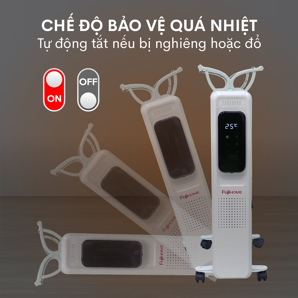 Máy sưởi dầu điều khiển từ xa không khô da Fujihome OH8613, máy sưởi ấm điện 13 thanh màn điện tử cảm ứng , tự ngắt an toàn tiết kiệm điện - Hàng chính hãng