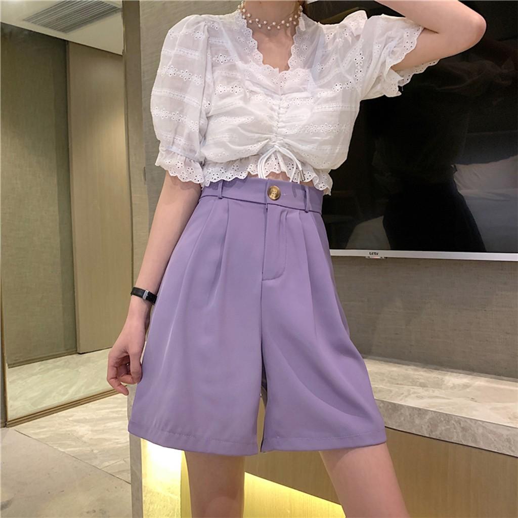 Quần short ống rộng cạp cao lưng thun màu tím D45