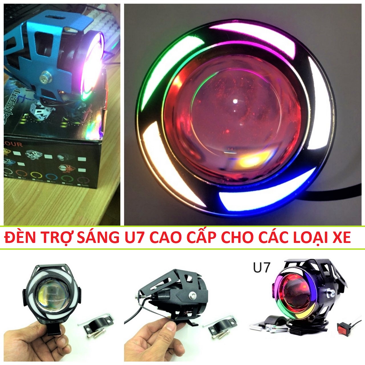 Đèn trợ sáng xe máy ô tô U7 ngũ sắc siêu sáng chống nước có viền led cực đẹp loại tốt mẫu mới lắp các xe