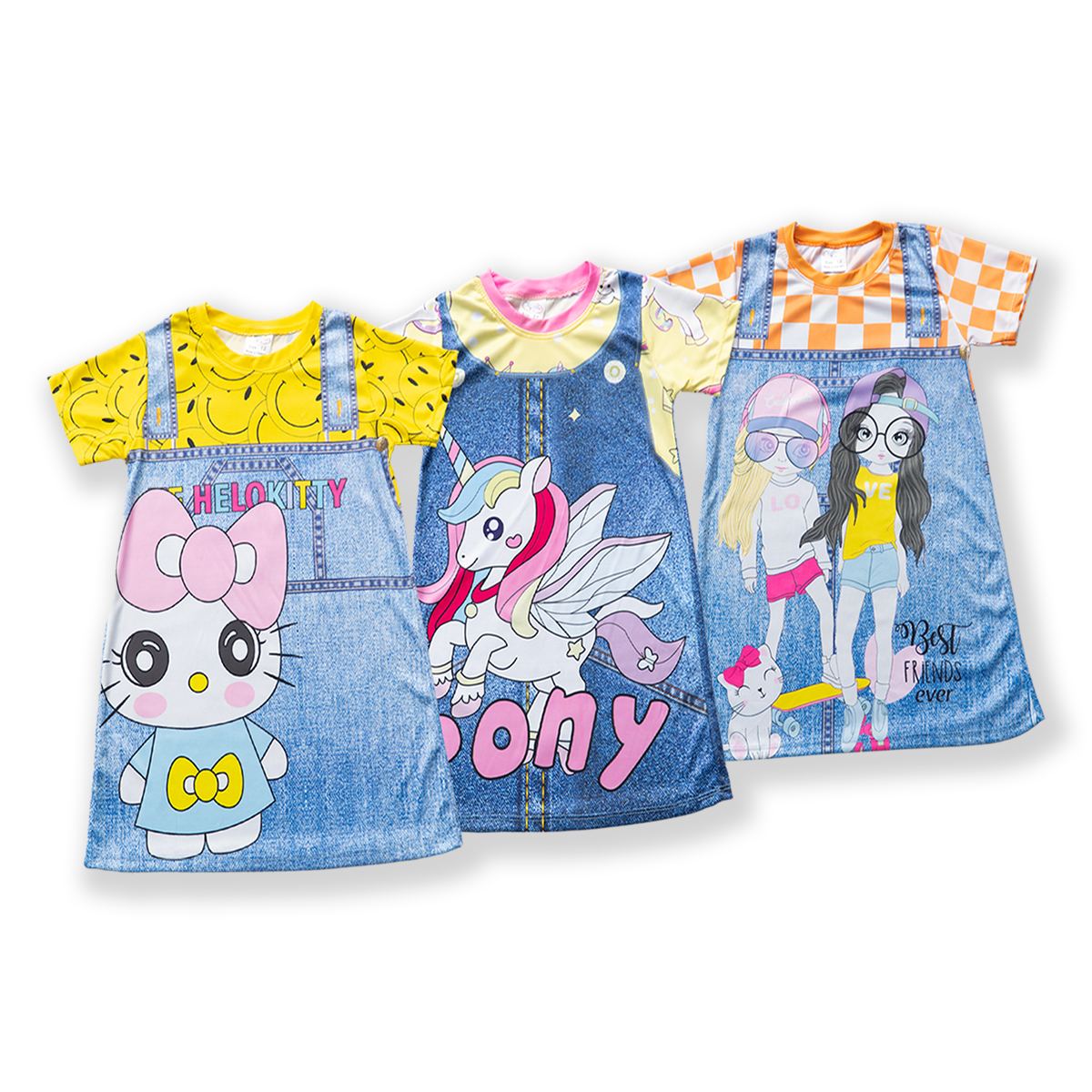 Combo 4 Đầm bé gái MIMYKID giả yếm jean in 3D hoạt hình nhiều họa tiết chất liệu thun mềm mịn váy trẻ em 8-28kg - Giao màu ngẫu nhiên