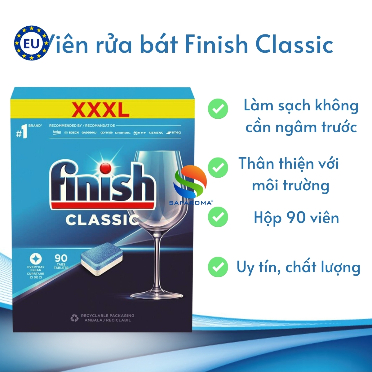 Viên rửa bát Finish Classic 90 viên, viên rửa cao cấp chuyên dùng cho máy rửa bát, nhập khẩu chính hãng