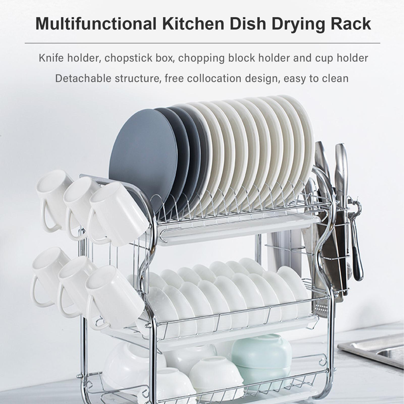 Giá để bát đĩa 3 tầng, bằng thép có thể thoát nước và tháo rời