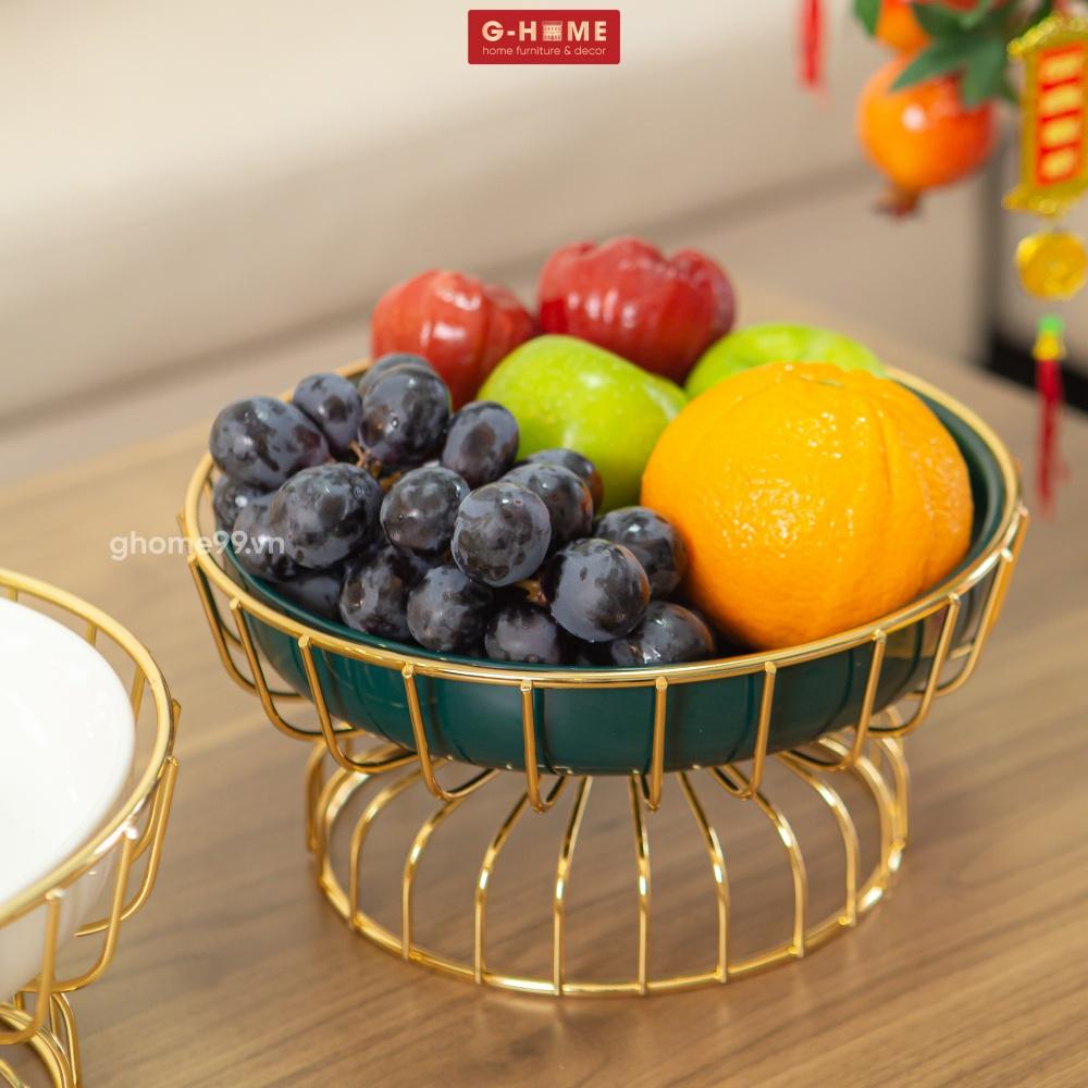 Đĩa sứ 1 tầng khung đồng Ghome 2022, đĩa sứ tròn cao cấp trạng trọng bày hoa quả, bánh kẹo ngày tết DIA2022 TRON1