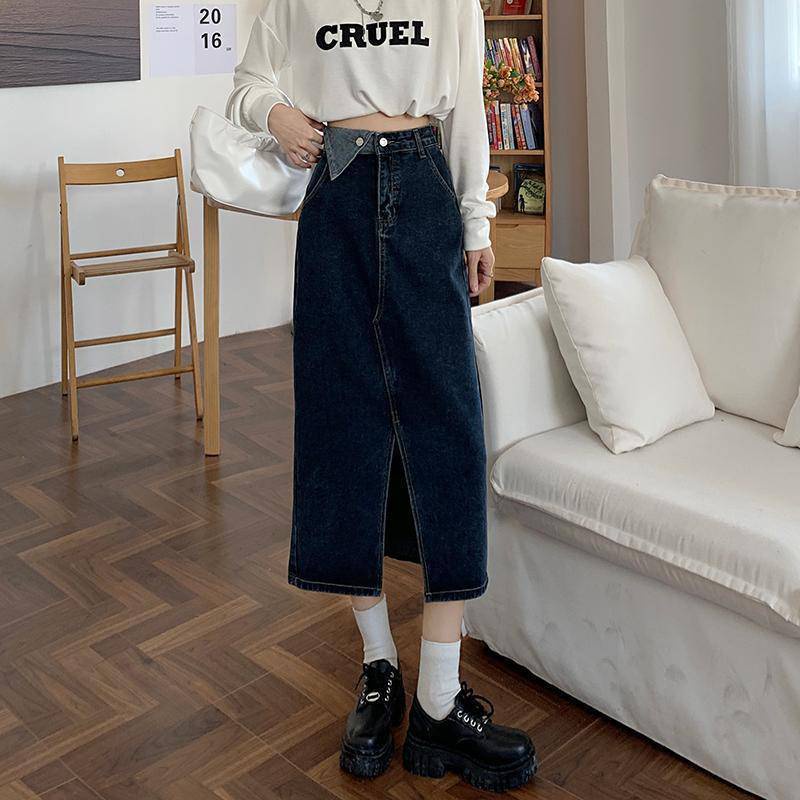 Chân Váy Jeans Cạp Tam Giác Dáng Dài Chữ A Xẻ Giữa
