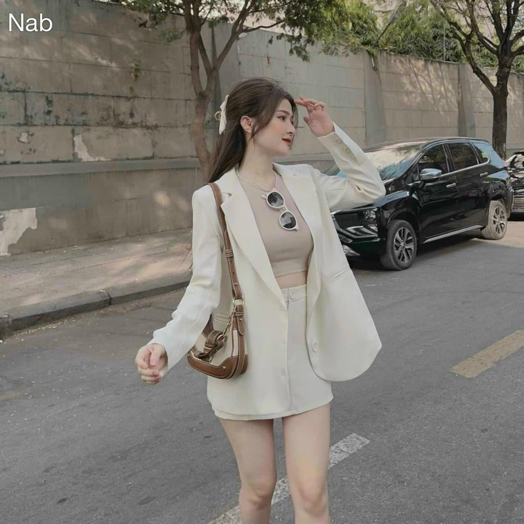 M10 set vest 3 món áo crop thun kèm chân váy mango phối khoác công sở nina lê
