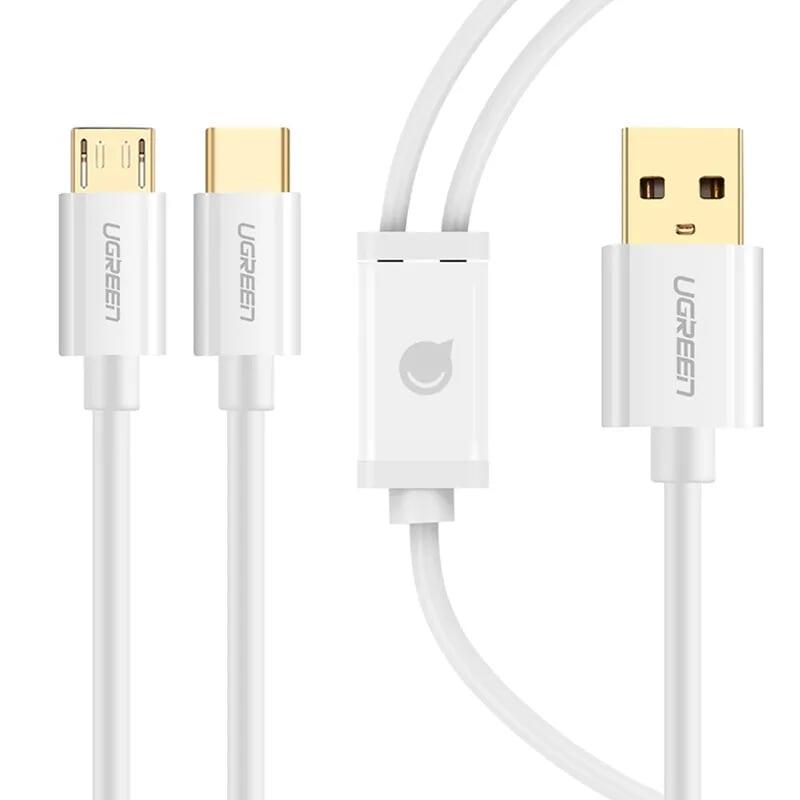 Ugreen UG30576US197TK 1M màu Trắng Cáp USB-A sang Micro USB + USB-C cao cấp - HÀNG CHÍNH HÃNG