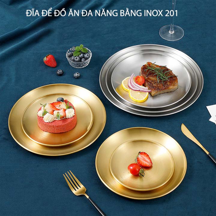 Đĩa để đồ ăn đa năng bằng inox 201 tiện dụng, màu vàng hoặc bạc tùy chọn