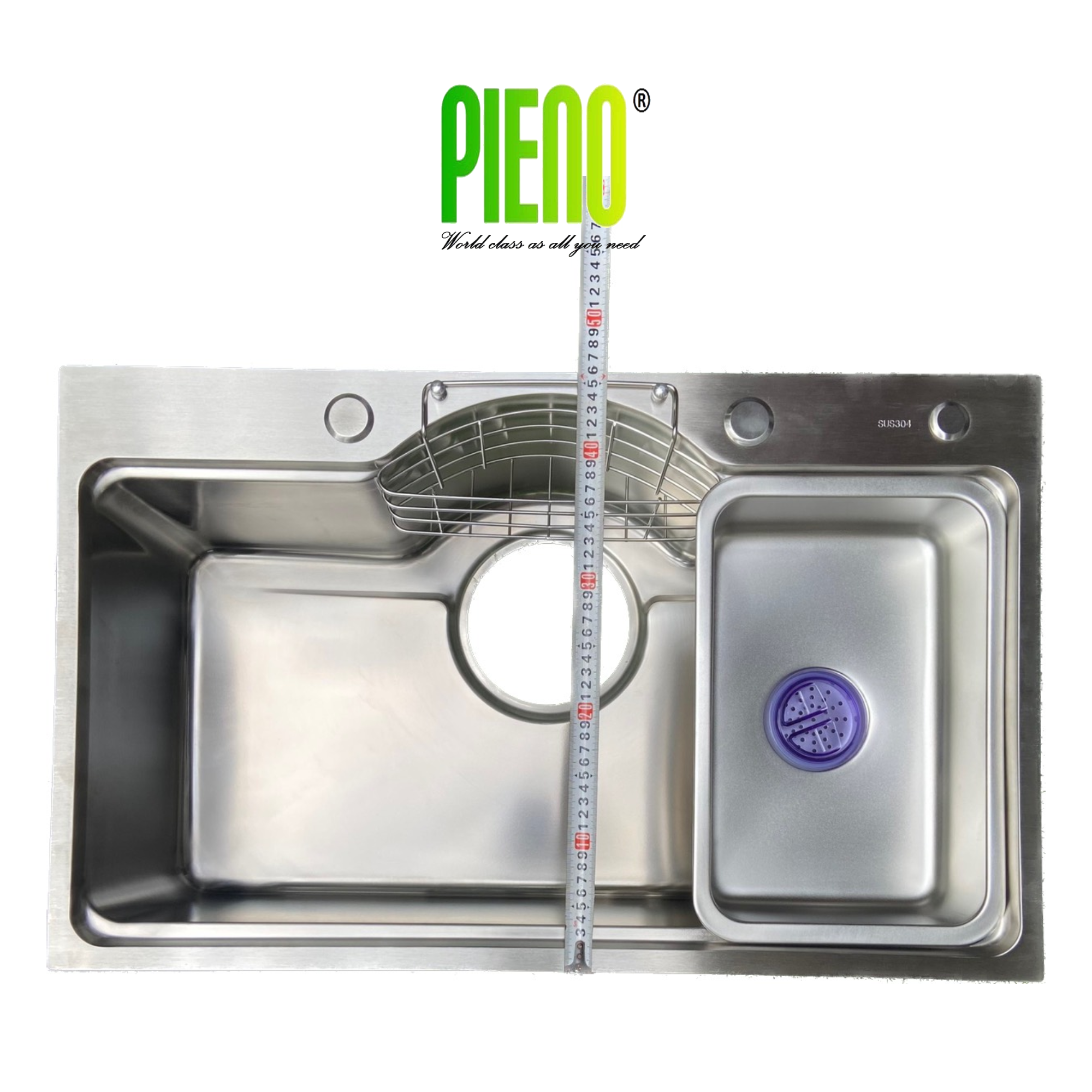 Chậu rửa chén inox 304 1 hố bán nguyệt kích thước 75x46 full phụ kiện PIENO