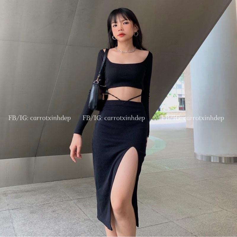 Chân váy xẻ tà cột dây trendy cá tính hack dáng FREESIZE DUOI 60KG