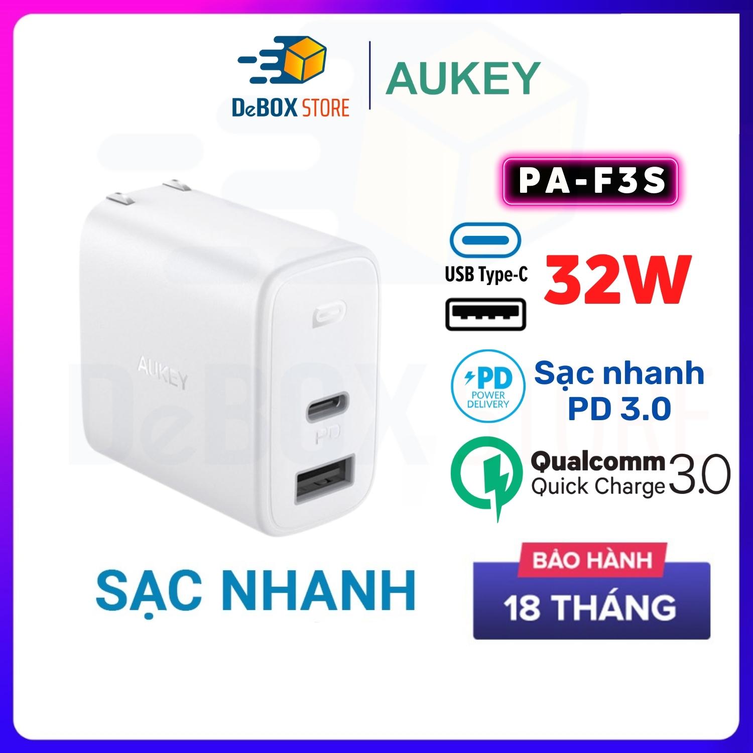 Cốc Sạc Siêu Nhanh AUKEY 2 Cổng PA-F3S 32W, Cổng Type C Power Delivery 20W, Cổng USB-A 12W - Hàng Chính Hãng