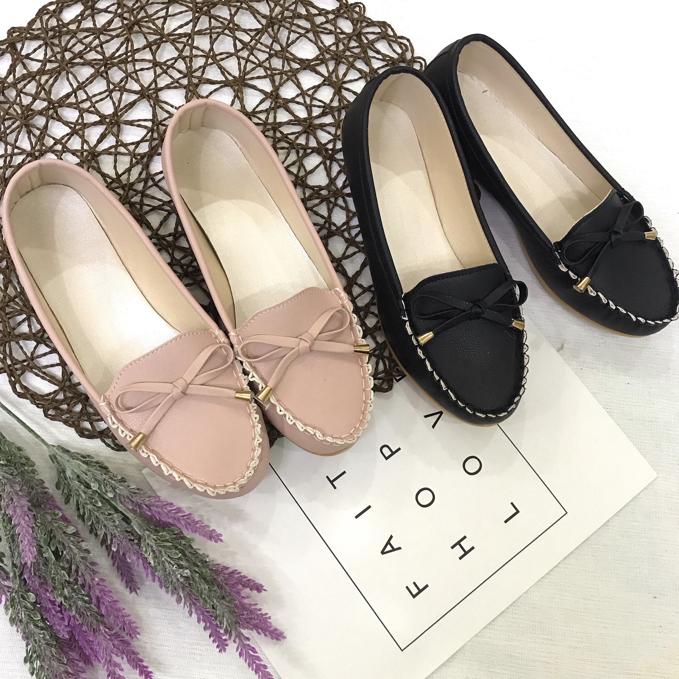 Giày lười slip on nữ da mềm, êm chân đính nơ xinh xắn GL5