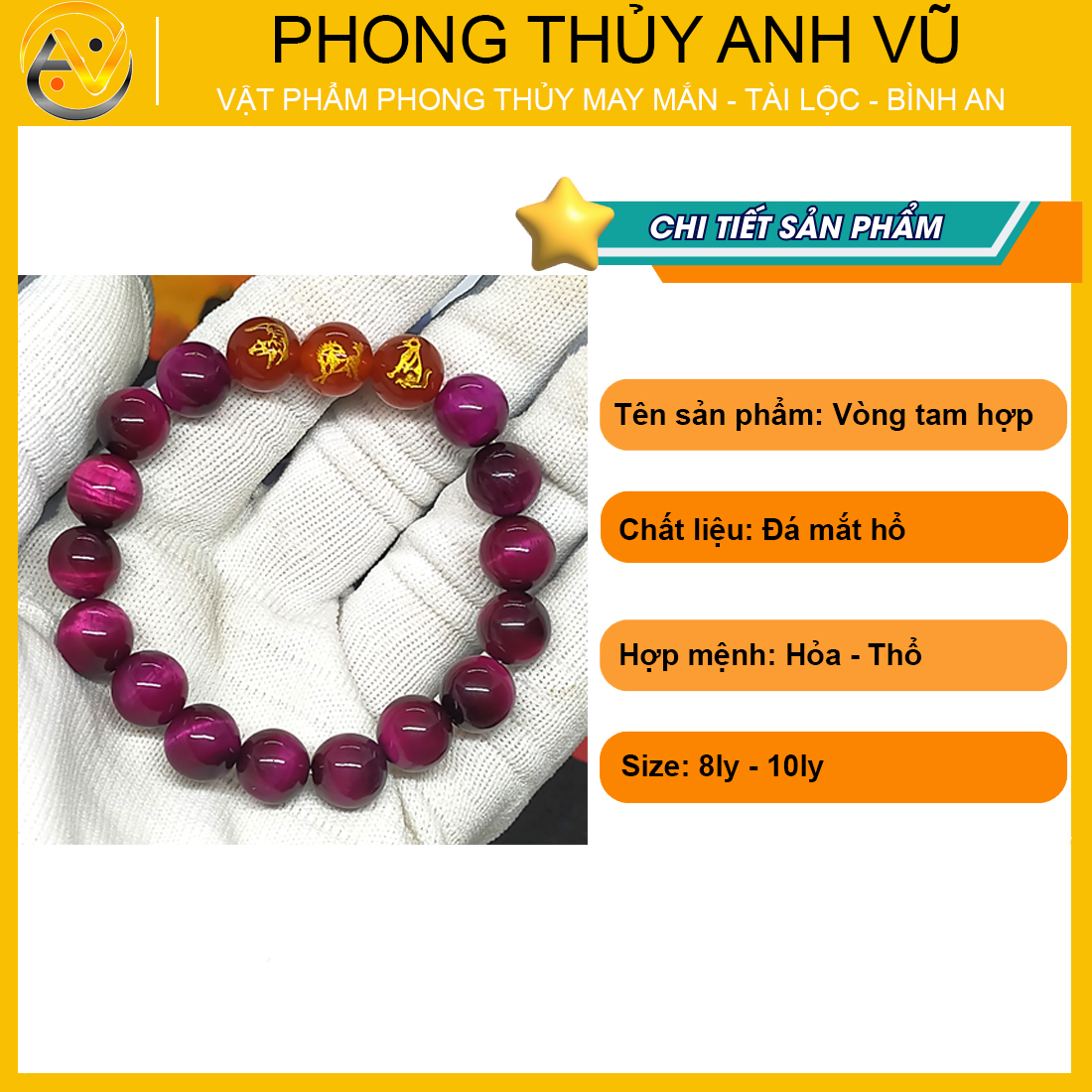 Vòng tam hợp dần ngọ tuất mắt hổ hồng TH004 - Vòng tay tam hợp quý nhân - Vòng tay tam hợp bằng đá cho người tuổi dần ngọ tuất - Bảo hành 12 tháng - Vận chuyển toàn quốc - Nhận hàng thanh toán