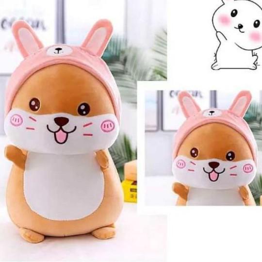 Gấu bông gối ôm chuột hamster mũ hồng vải co dãn 4 chiều Hàn Quốc - GB21