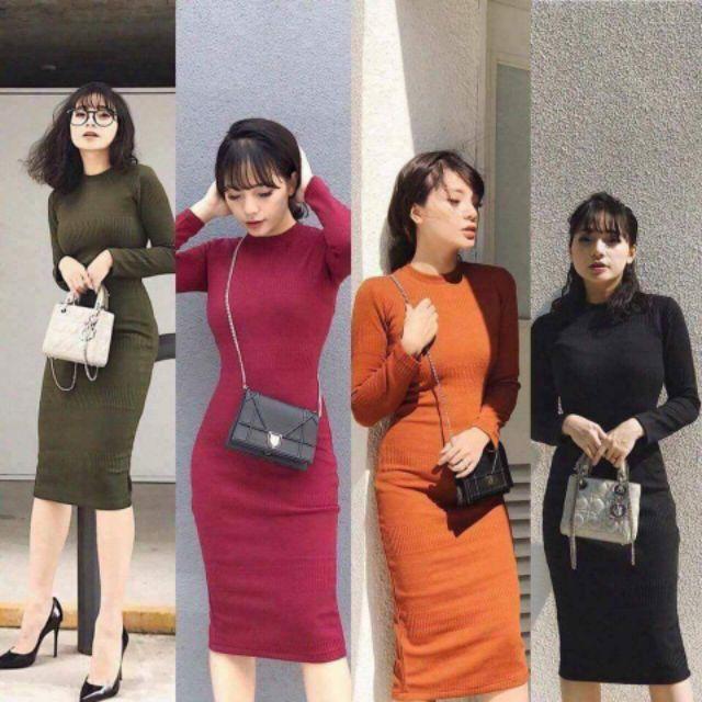 Đầm tay dài thun gân