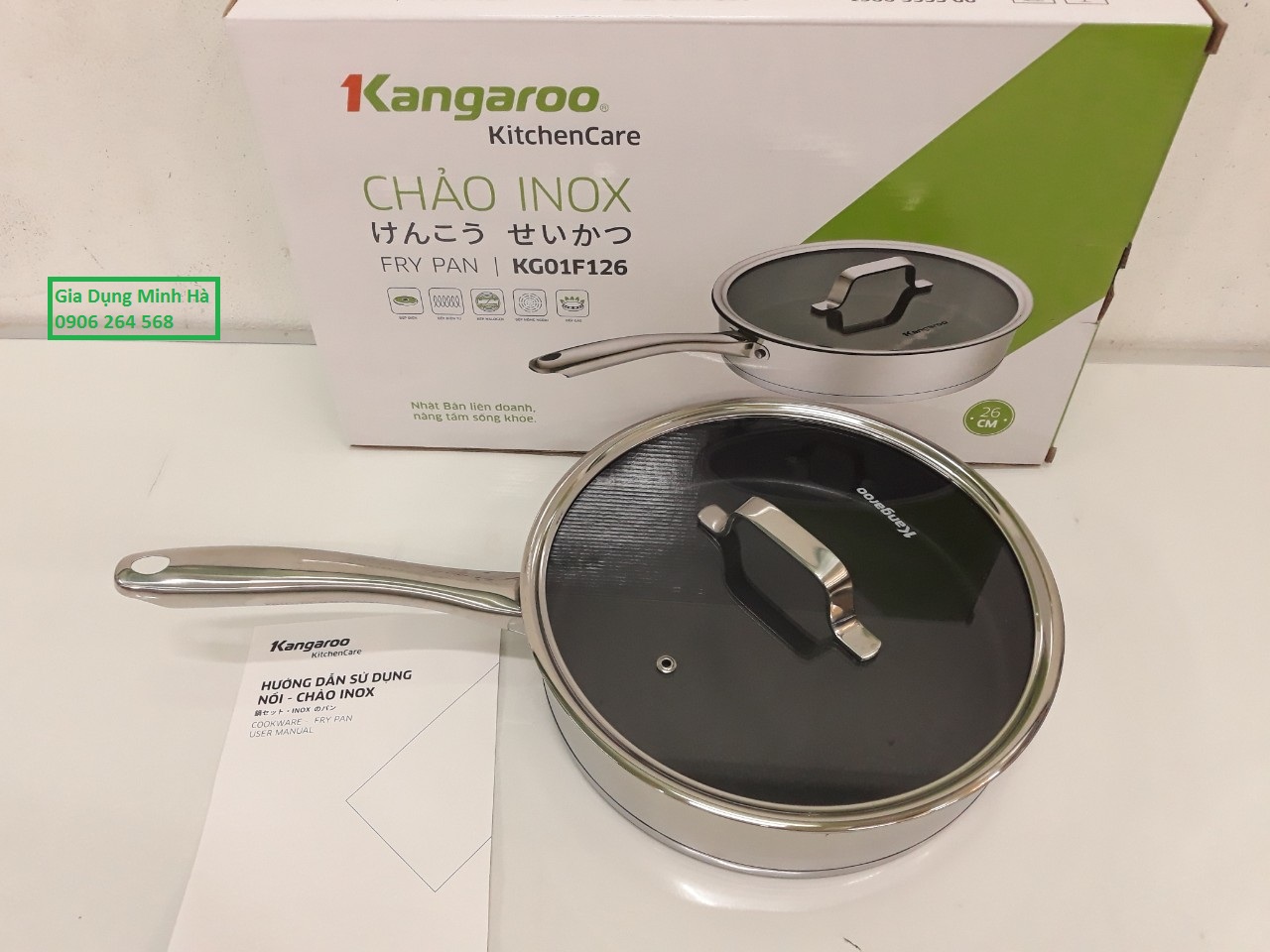 Chảo inox chống dính đáy từ nắp kính 26 cm Kangaroo KG01F126 hàng chính hãng