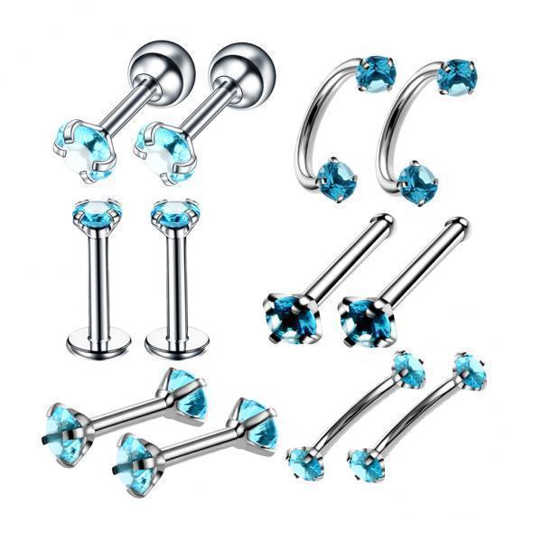 2x12pcs Stainless Steel Colored Zircon Lip Nose Nail Piercing Jewelry Blue