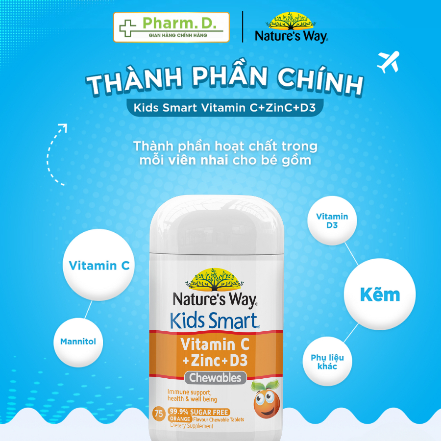 Kẹo Nhai NATURE'S WAY Kids Smart Chewable Giúp Bổ Sung Vitamin C, Kẽm Và Vitamin D3 Cho Bé (Hộp 75 Viên)