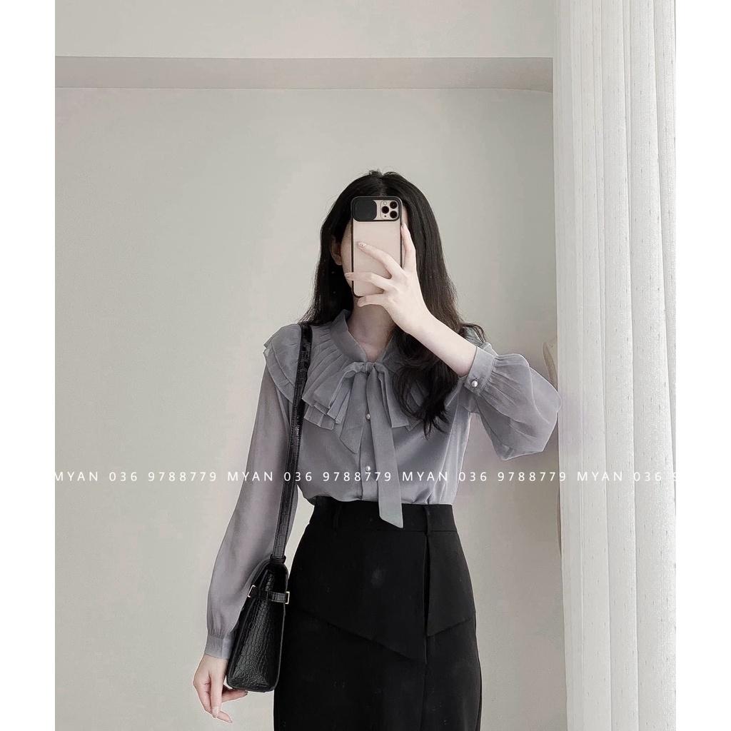 ÁO SƠ MI DẬP LI CỔ THẮT NƠ HAI LỚP CÚC NGỌC