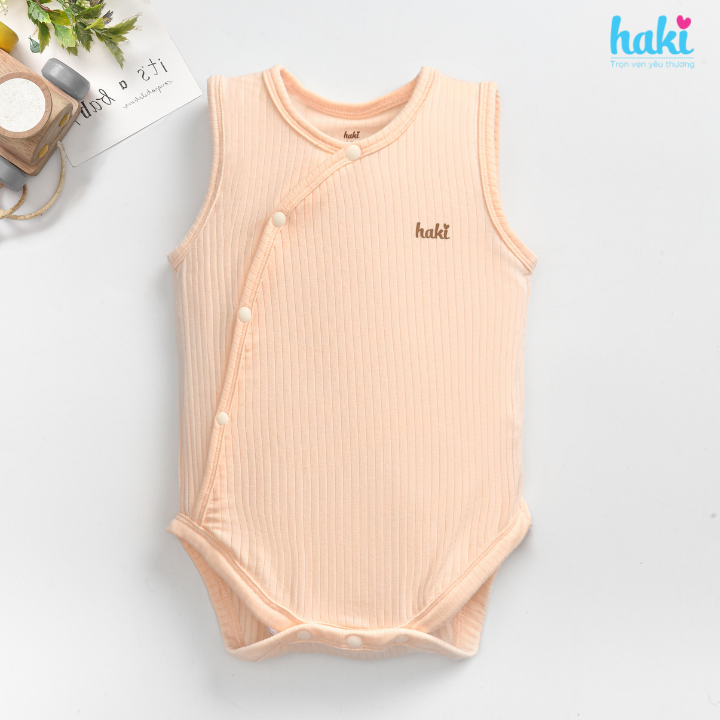 Bộ bodysuit sát nách, cài chéo vải gỗ sồi cao cấp BM009, set body cho bé trai bé gái chất liệu Modal hàng chính hãng HAKI