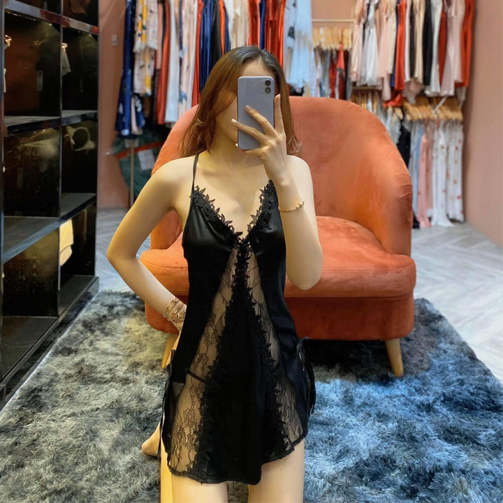 Q10 Váy ngủ nữ hai dây chéo lưng ren dọc trước sexy  - Đầm ngủ nữ hai dây gợi cảm - Đồ ngủ nữ sexy quyến rũ