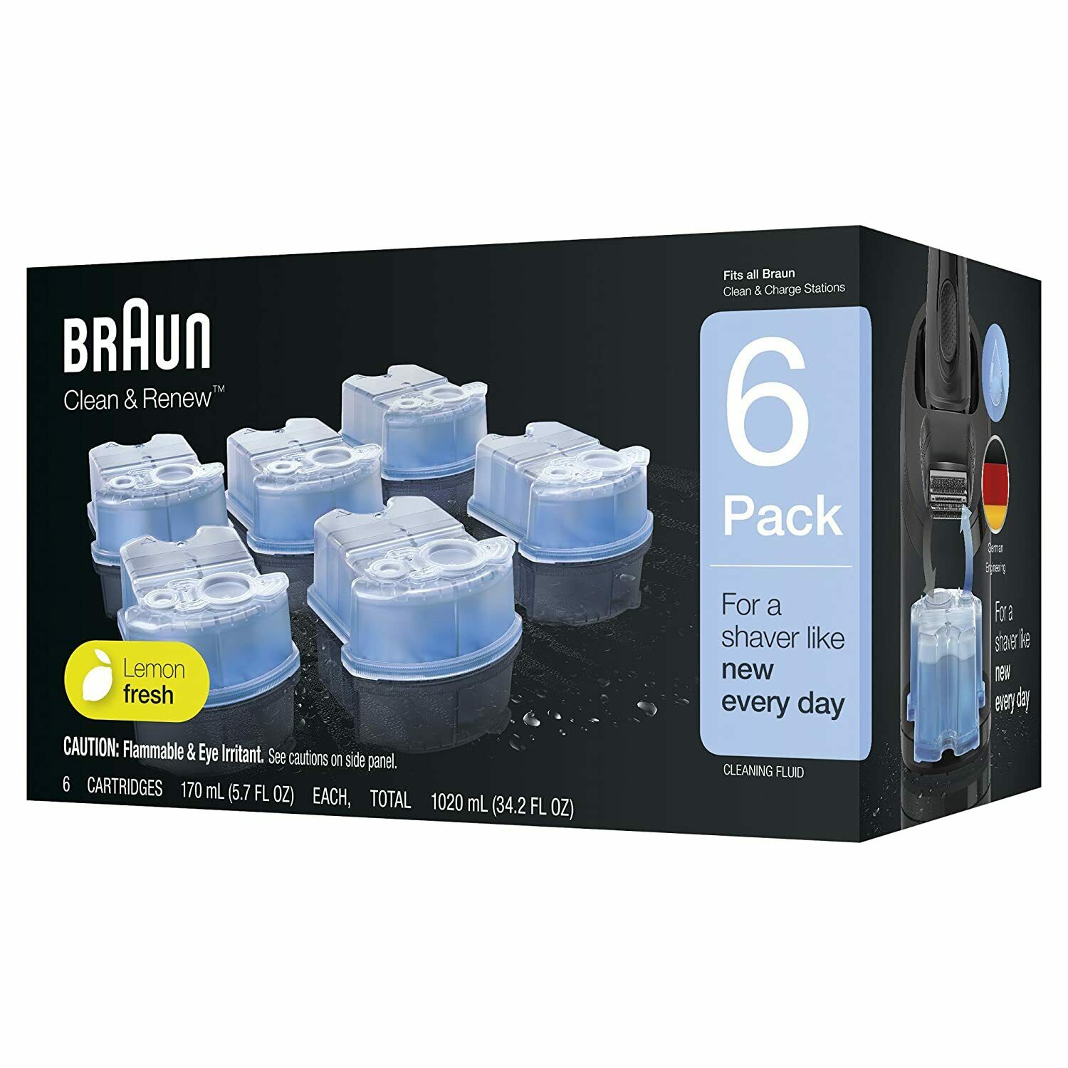Nước rửa máy cạo râu cho Braun - Clean &amp; Renew Cartridges, Chai tương đương 6 hộp mực 170ml | Made in USA