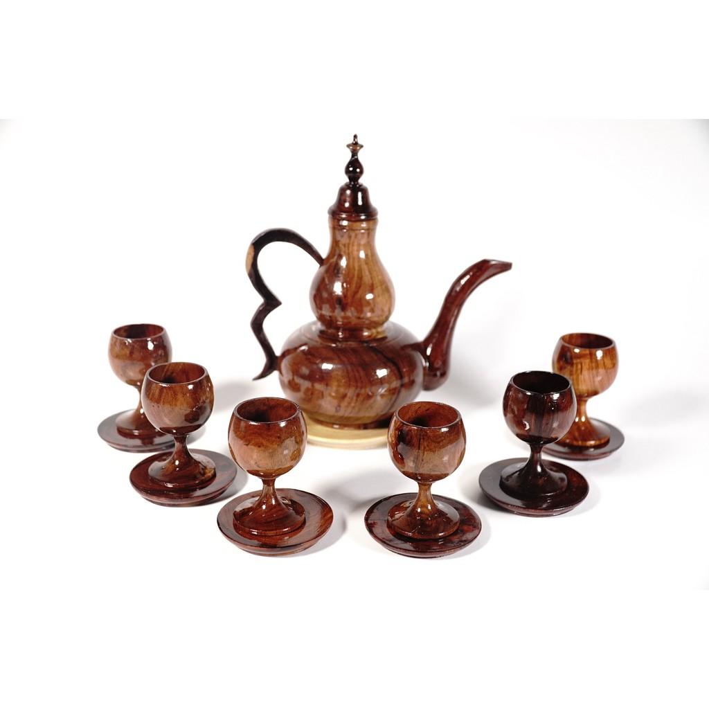 Bộ bình gỗ nâu trắng 1 bình 6 ly nguyên khối phong thủy cao cấp - Bình 18cm và Ly 5cm có đế kê