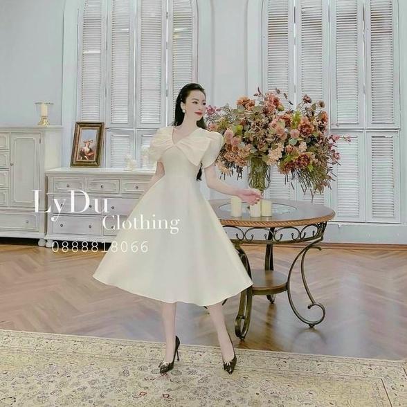 Váy đầm nữ dạ hội tiểu thư dáng xòe cổ bản to tay phồng