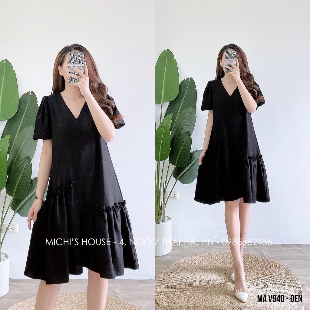 Đầm Suông Đũi V940 MICHI House Váy Xuông Thiết Kế Cổ V Tay Bồng Dáng Ngắn Mặc Bầu Xinh Freesize Bigsize