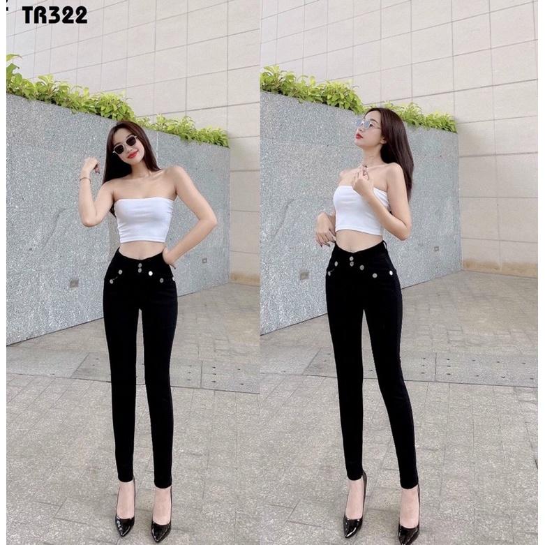 Quần Jeans Nữ Màu Đen Lưng Cao Co Giãn Phối Nút Túi