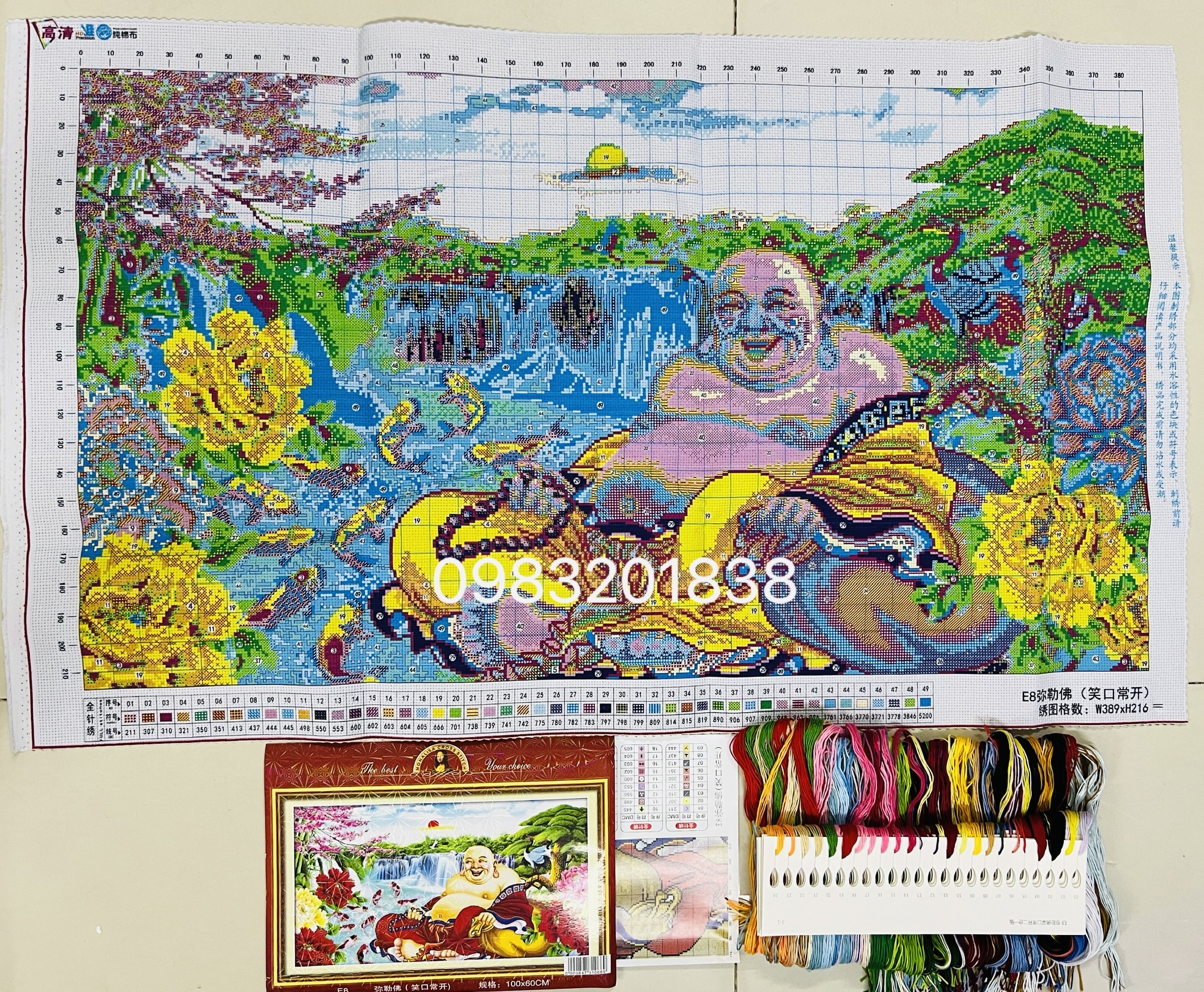 Tranh thêu chữ thập Phật di lặc E8, kích thước 100 x 60 cm