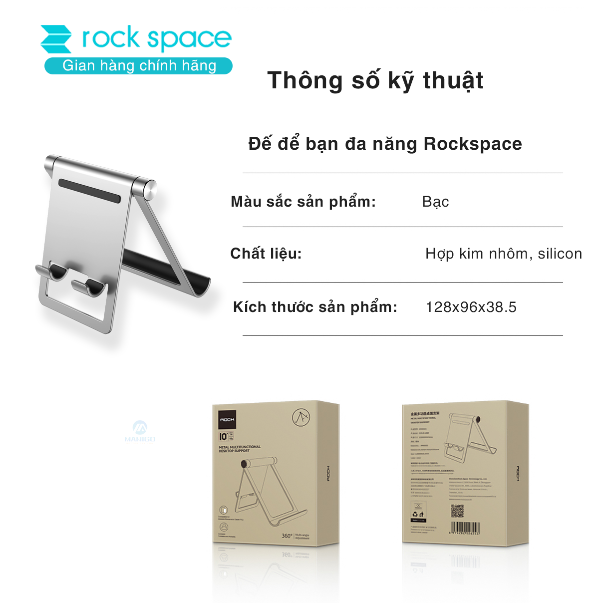 Giá đỡ điện thoại, máy tính bảng thông minh xoay 360 độ Rockspace Metal dùng được 2 mặt chống trượt làm bằng kim loại hàng chính hãng