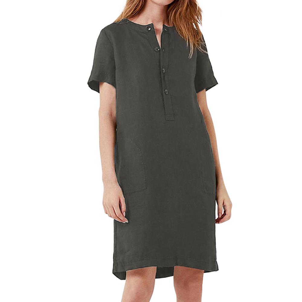 Women Linen Cotton Dress Straight Midi Dress with Button Pockets Short Sleeve Solid Plus-Size Spring Summer Casual
