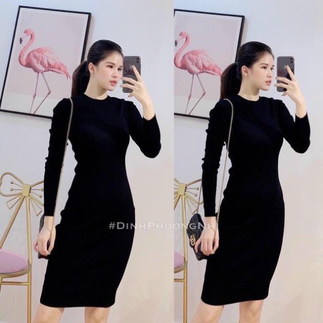 Váy body dài tay cổ tròn chất cotton tăm điệu đà