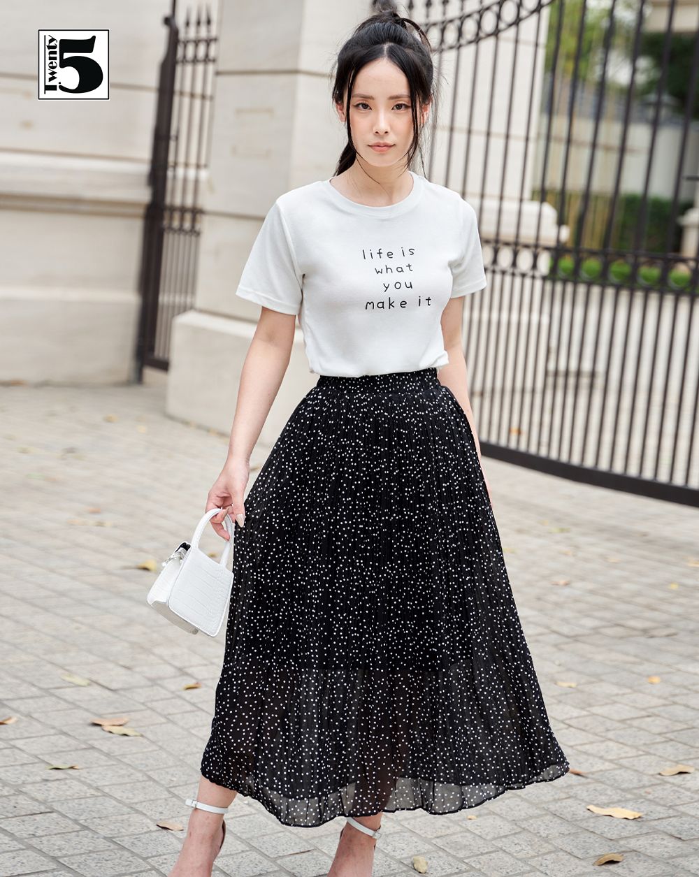 Chân váy midi voan xếp ly chấm bi 2 lớp eo chun Twentyfive 4071