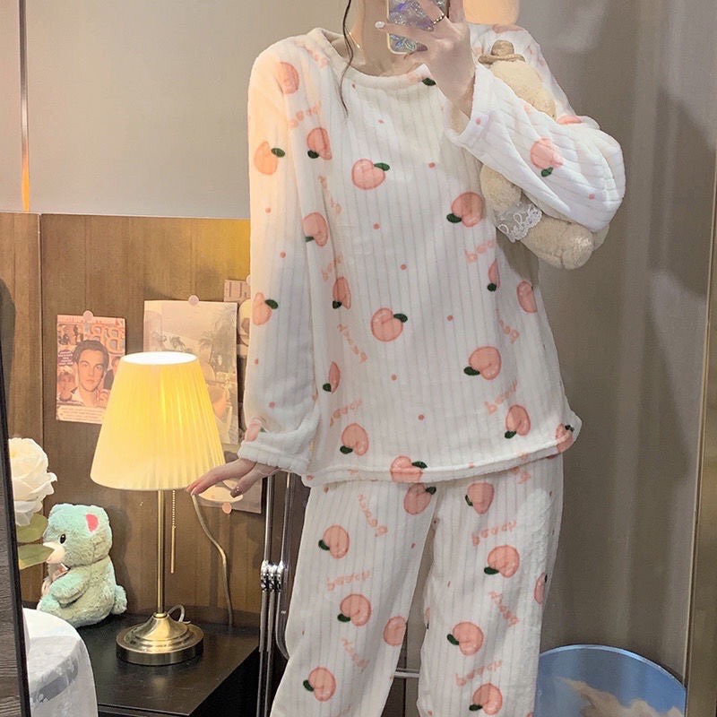 [ Hot loại 1 ] Bộ mặc nhà nỉ lông  hoạ tiết trái đào mềm siêu ấm áp, bộ ngủ lông cừu mẫu mới 2022