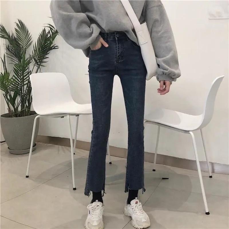 Quần Jeans Nữ Màu Xanh Ống Loe Tua Gấu Cạp Cao Ống Bó Xoè Đứng Phong Cách Ulzzang Chất Liệu Co Dãn Loại 1 Mặc Hàng Ngày