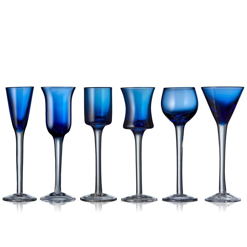 Bộ 6 ly uống shot, màu xanh dương. Nhãn Lyngby Glas Đan Mạch