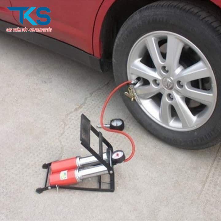 Bơm đạp chân đa năng mini cho ô tô xe máy 2 xilanh nhập khẩu, bơm 2 ống tiện lợi