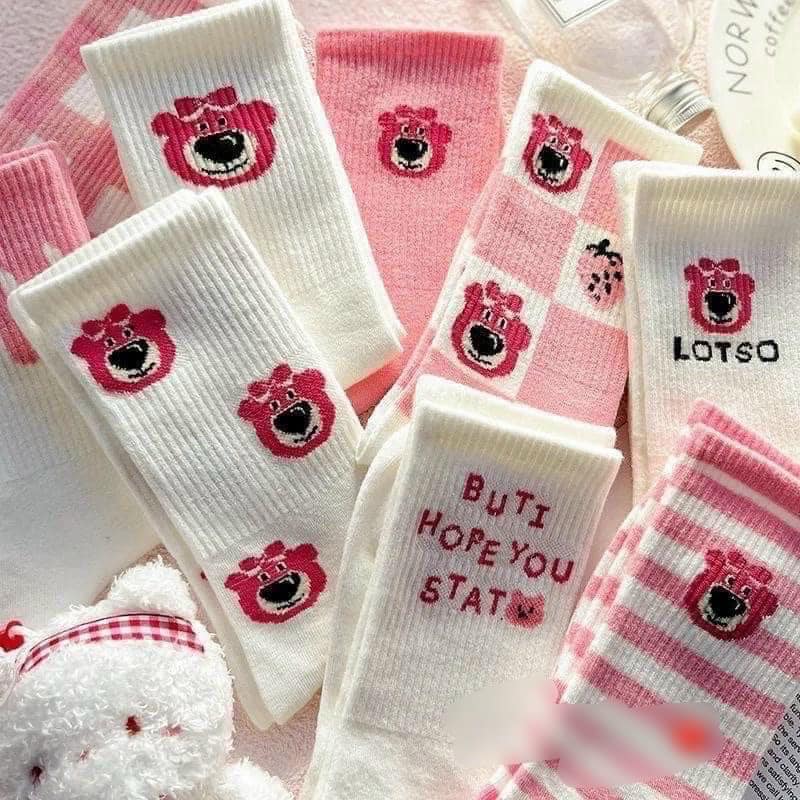 Set 10 đôi tất vớ cổ cao Gấu Dâu Lotso màu hồng socute kèm túi siu đáng yêu