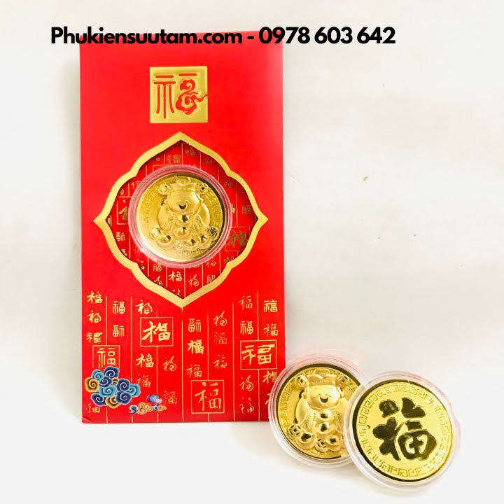 Combo 20 Bao Lì Xì Đồng Xu Thần Tài Cute Mạ Vàng, kích thước: 17cmx9cm, màu đỏ - SP005984