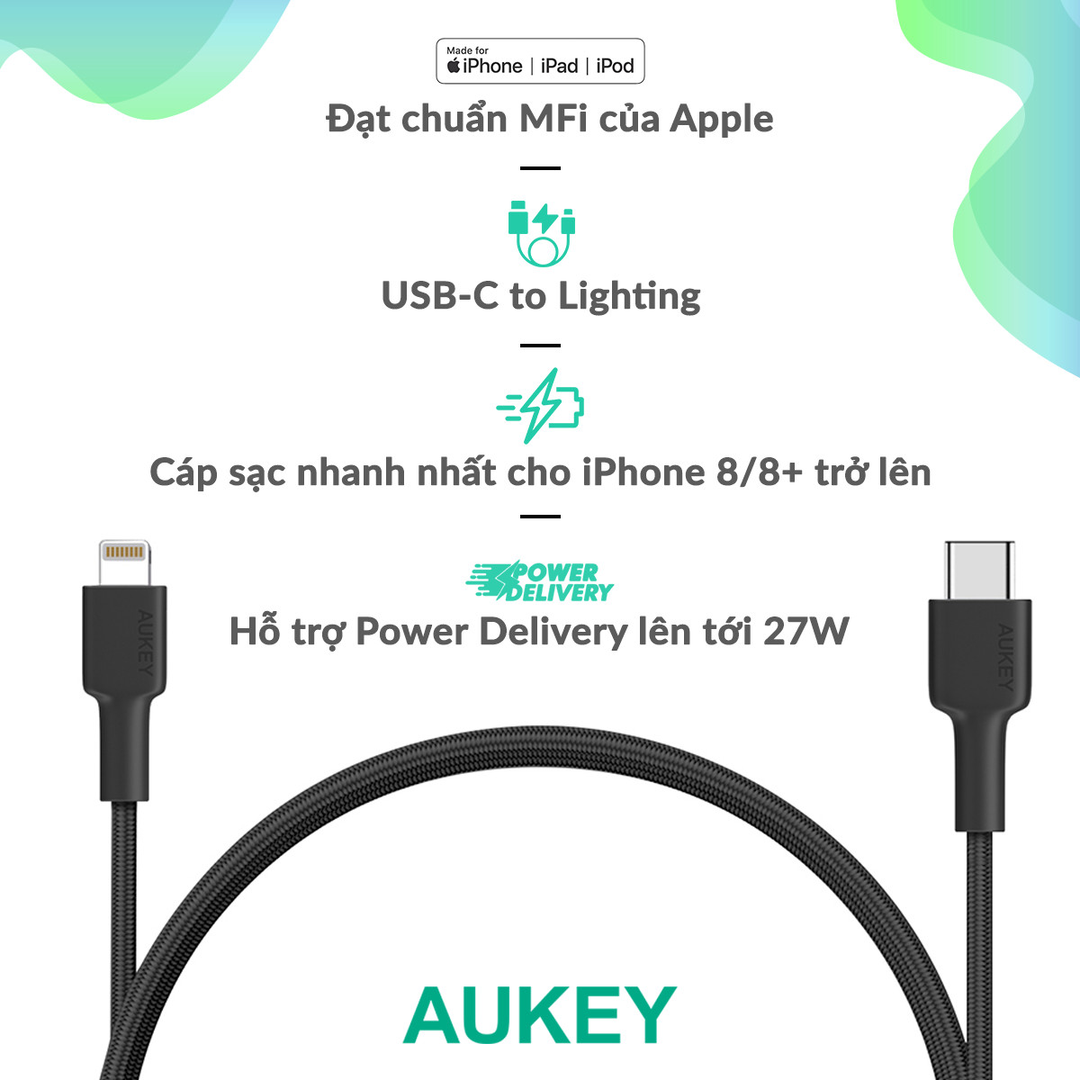 Cáp Sạc Type C Sang Lightning Aukey CB-CL1 Chuẩn MFi Apple Bện Lưới Nylon Siêu Bền Dài 1,2 Mét - Hàng Chính Hãng