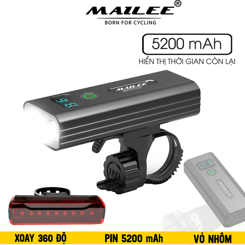 Đèn Pha Xe Đạp Chiếu Sáng Cao Cấp Chống Nước Bc30Fx4 Gắn Ghi - Đông Siêu Sáng Sạc Điện Type - C Có Đồng Hồ Hiển Thị Thời Gian Lượng Pin Có Hỗ Trợ Sạc Khẩn Cấp - Mai Lee - Combo B Gồm Đèn Đuôi A02