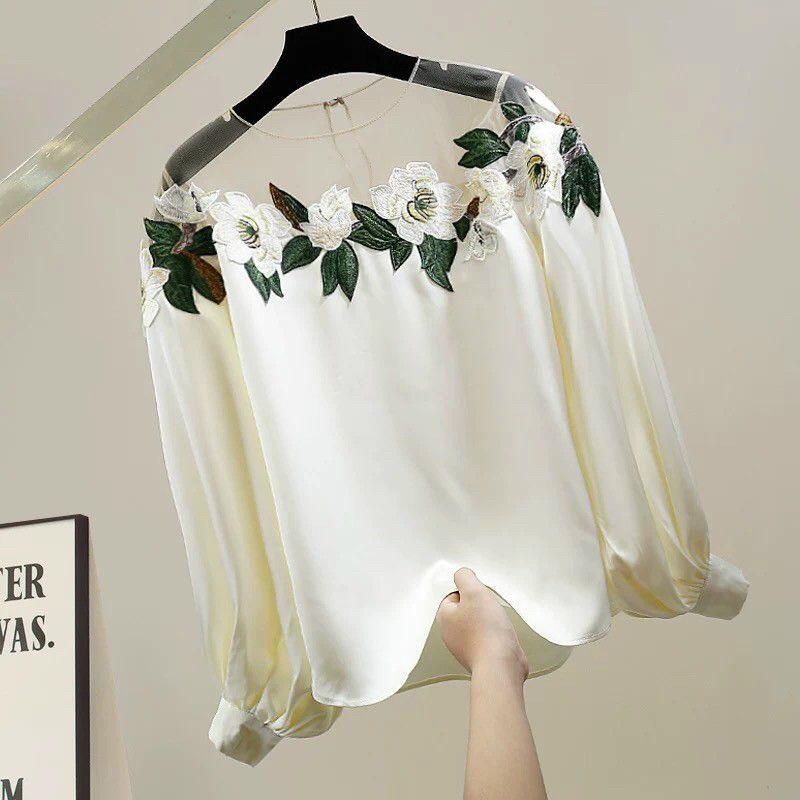 ÁO LỤA VAI LƯỚI THÊU HOA