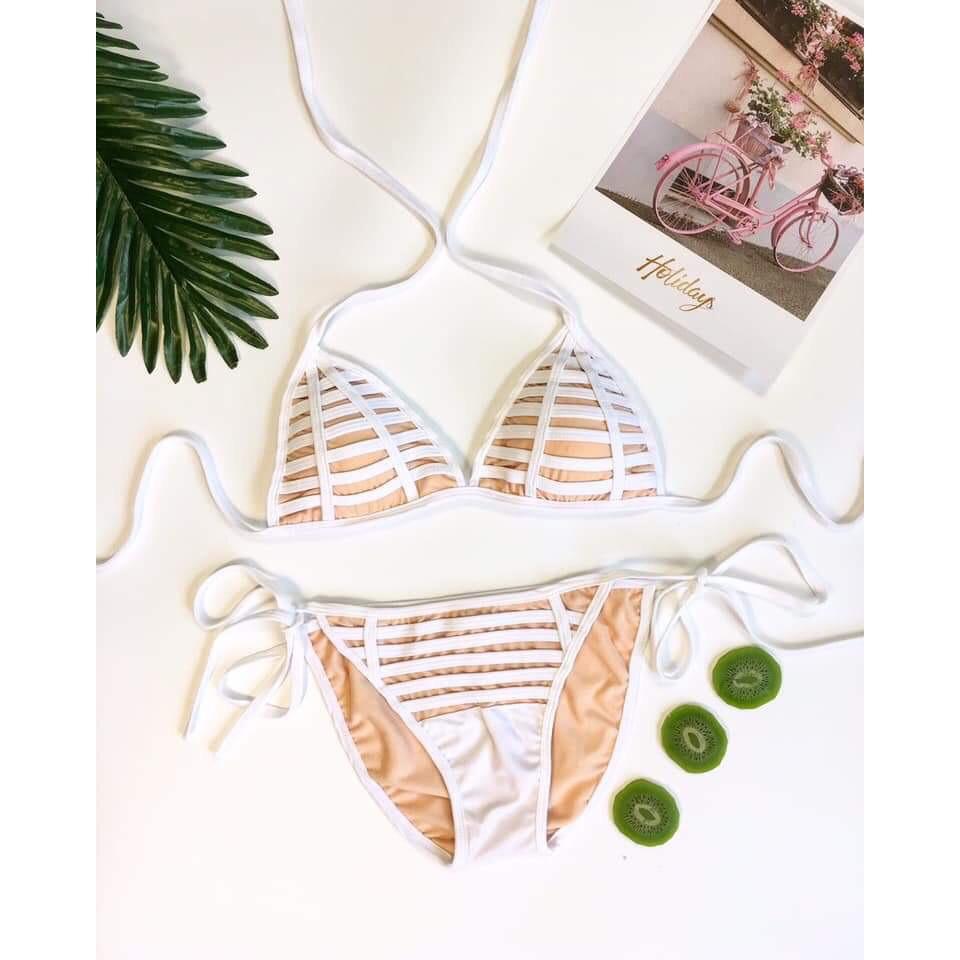 Bikini, Đồ Bơi Đi Biển Hai Mảnh Tam Giác Gân Trắng KG2525