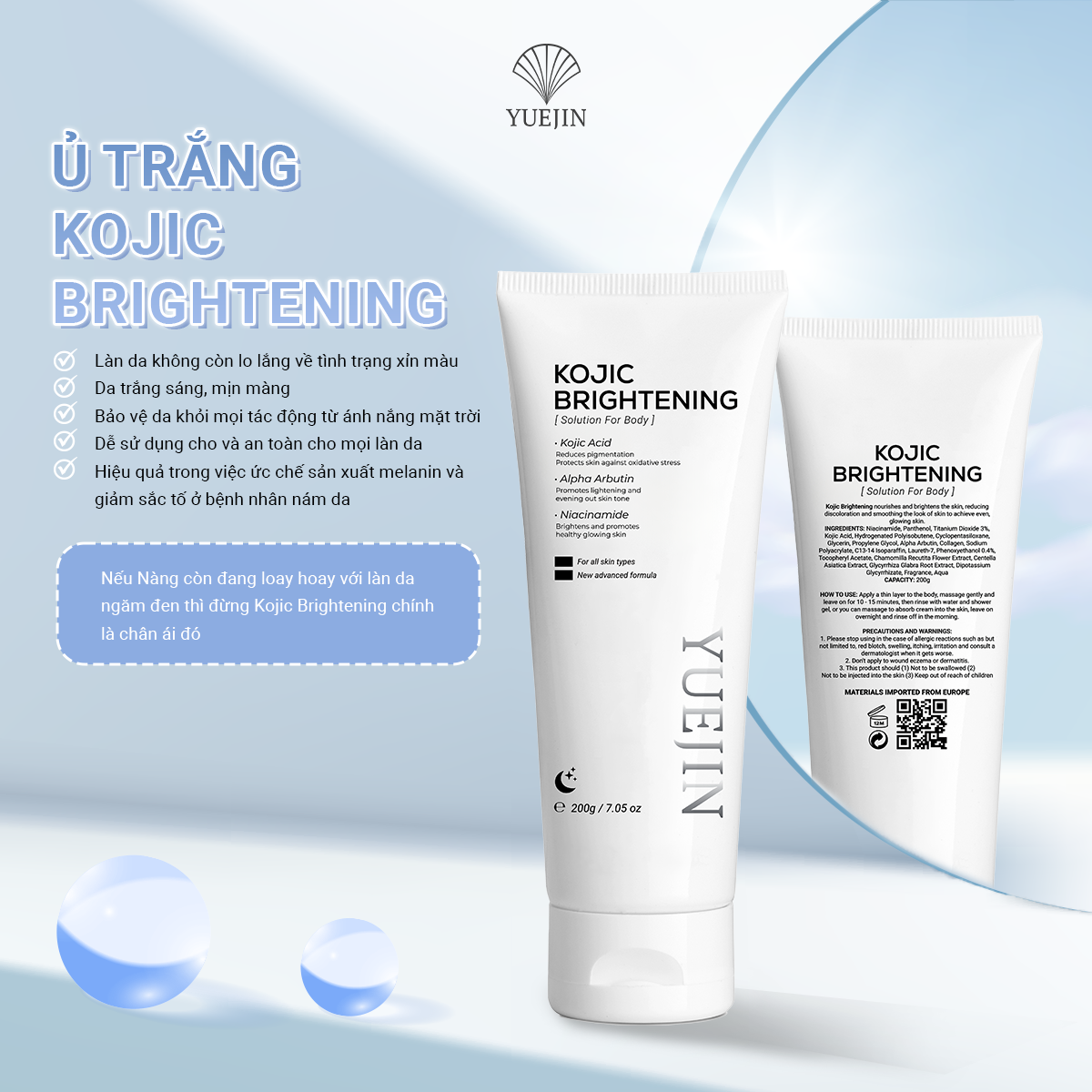 Combo dưỡng trắng da Yuejin Kem dưỡng trắng da Body Tranex-NO9 + Kem Ủ Trắng Da Kojic Brightening