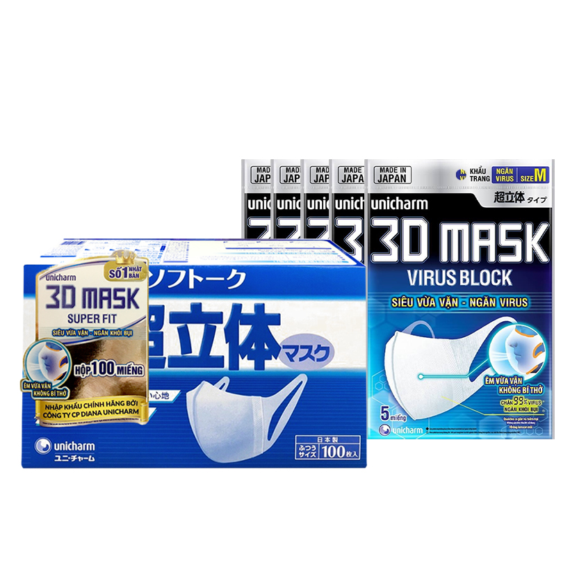 Combo Hộp Khẩu trang Unicharm 3D Mask Super Fit 100 miếng + 5 Bộ khẩu trang ngăn vi khuẩn Unicharm 3D Mask Virus Block gói 5 miếng