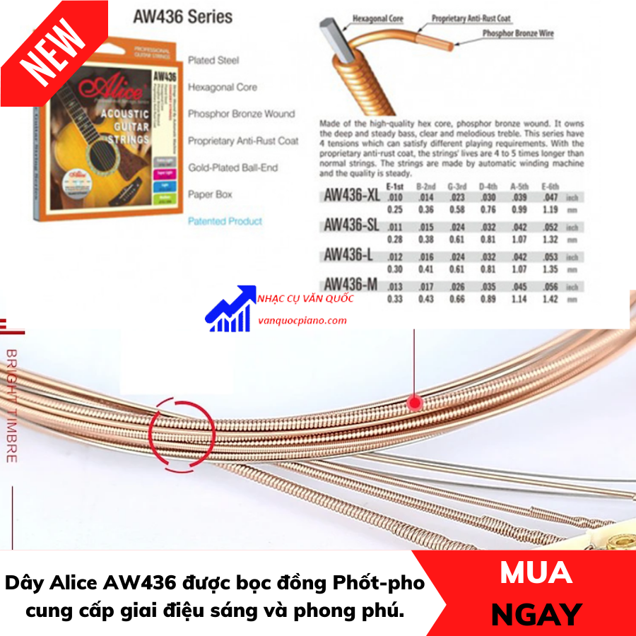 Dây Đàn Guitar Acoustic Alice AW436 AW432 Cỡ Dây 11