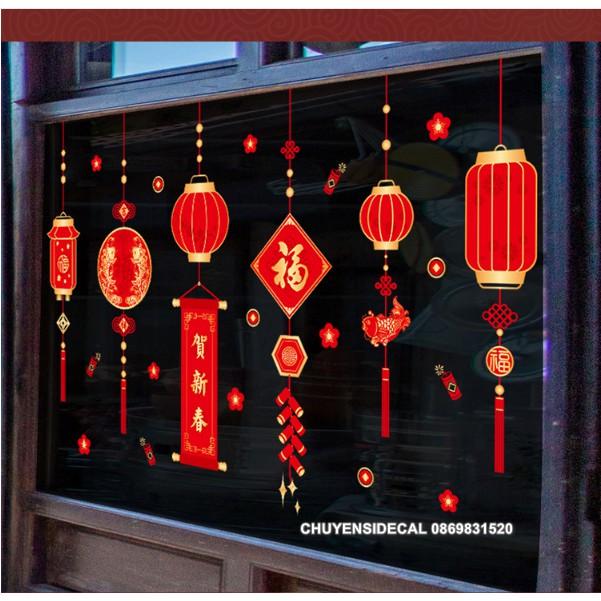 Decal trang trí tường Tết - Rèm lồng đèn sắc nét