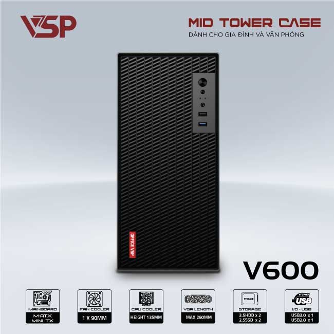 Vỏ máy tính Case VSP V600 [ĐEN] (Mid-Tower/ M-ATX/ Mini-ITX) - Hàng chính hãng VSP phân phối
