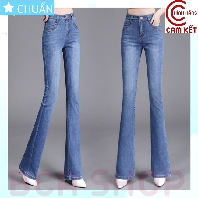 Quần jean nữ ống loe QRO88 ROSATA tại BCASHOP dáng dài cà bạc phần đùi, lưng cao 1 nút, phom chuẩn, chất liệu jean cao cấp - màu xanh